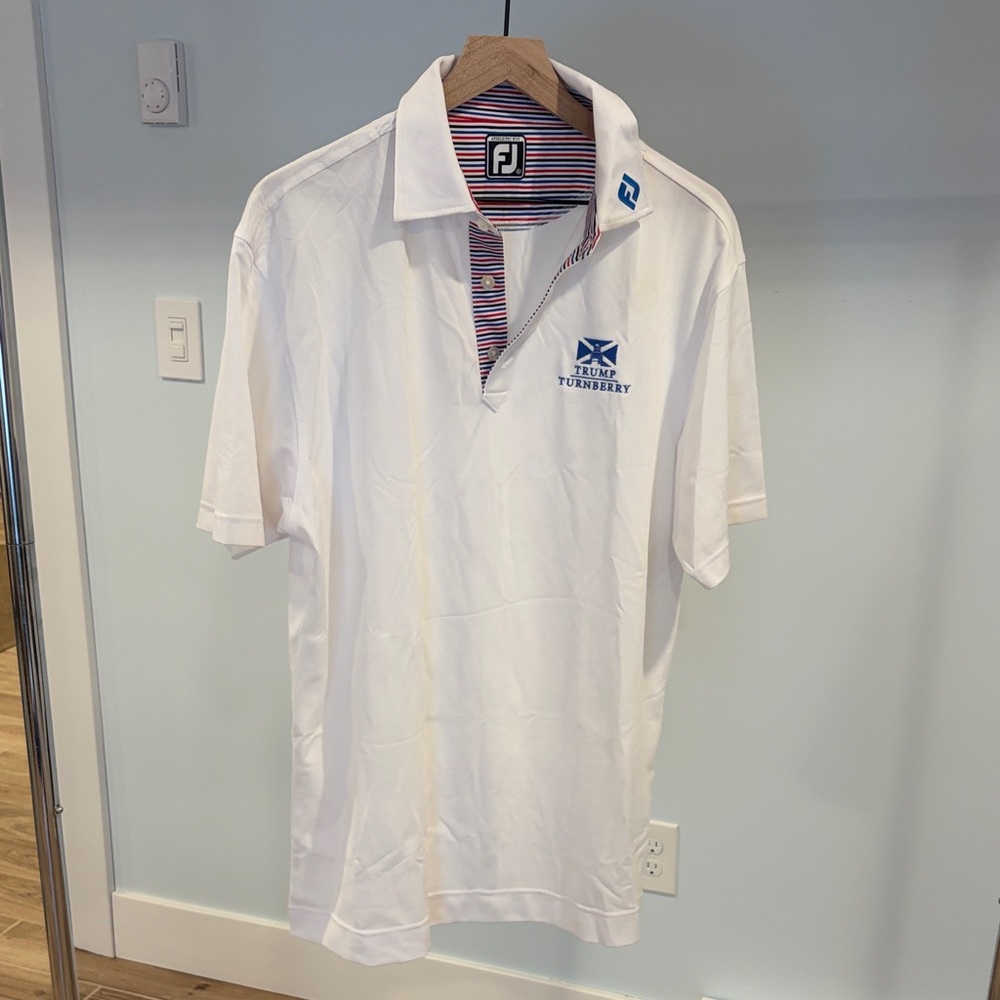 FootJoy White Polo with Blue Accents Trump Turnberry